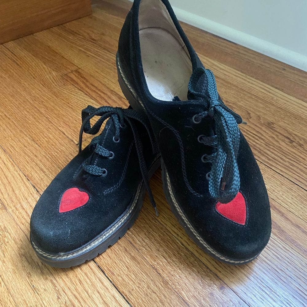 Black Suede Flats with Red Heart Detail